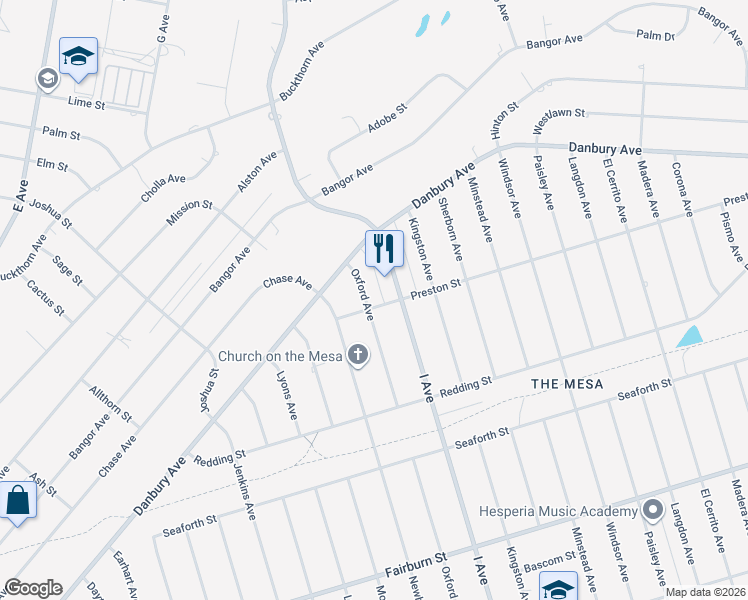 map of restaurants, bars, coffee shops, grocery stores, and more near 8065 Oxford Avenue in Hesperia