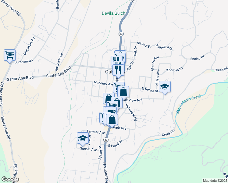 map of restaurants, bars, coffee shops, grocery stores, and more near 246 Bundren Street in Oak View