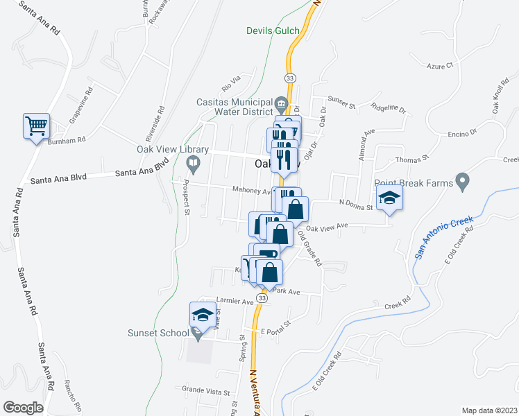 map of restaurants, bars, coffee shops, grocery stores, and more near 250 Apricot Street in Oak View