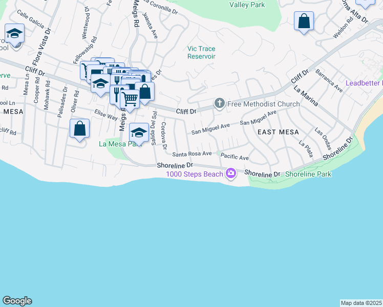map of restaurants, bars, coffee shops, grocery stores, and more near 1542 Santa Rosa Avenue in Santa Barbara