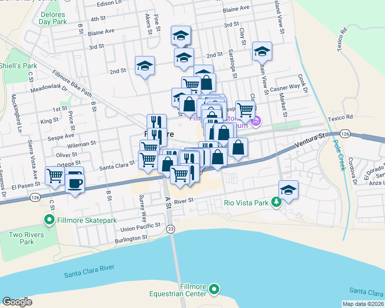 map of restaurants, bars, coffee shops, grocery stores, and more near 558 Santa Clara Street in Fillmore