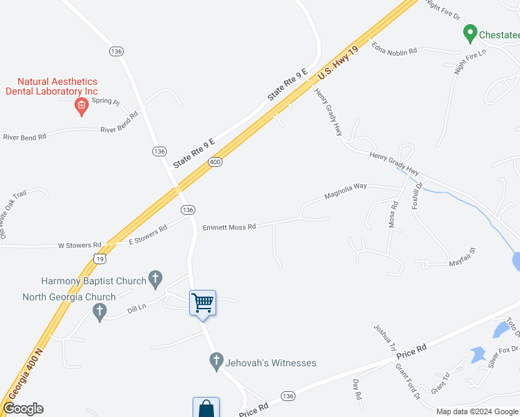 map of restaurants, bars, coffee shops, grocery stores, and more near 269 Emmett Moss Road in Dawsonville