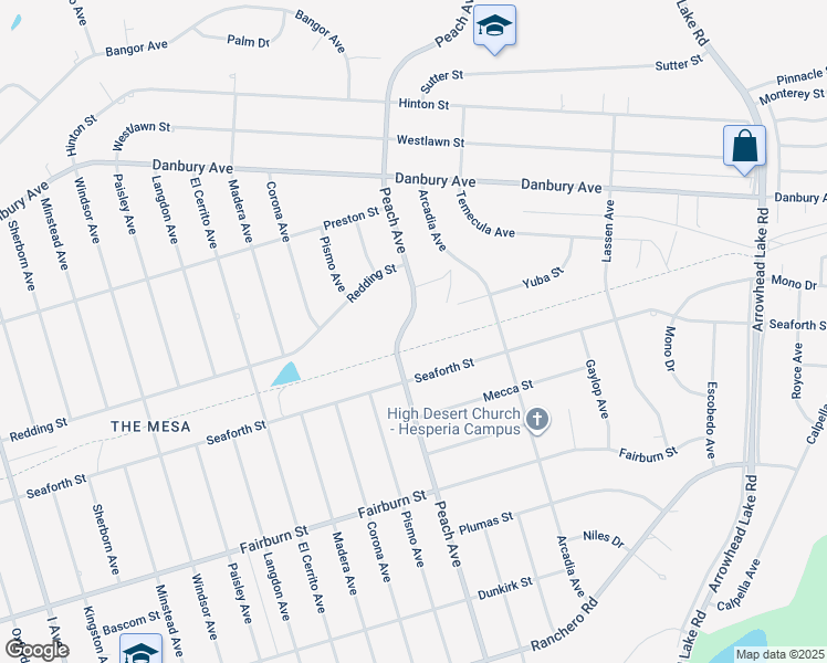 map of restaurants, bars, coffee shops, grocery stores, and more near 8071 Peach Avenue in Hesperia