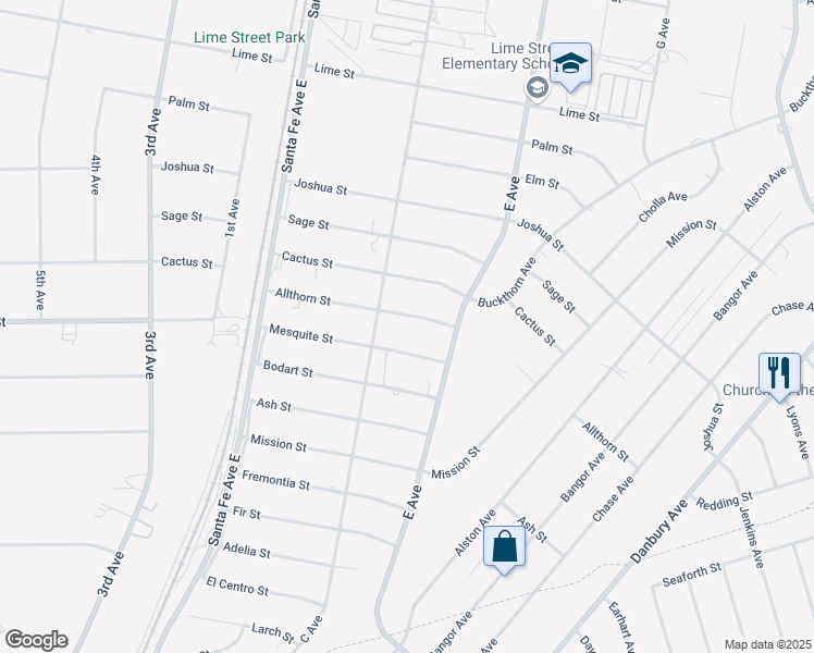 map of restaurants, bars, coffee shops, grocery stores, and more near 16621 Allthorn Street in Hesperia
