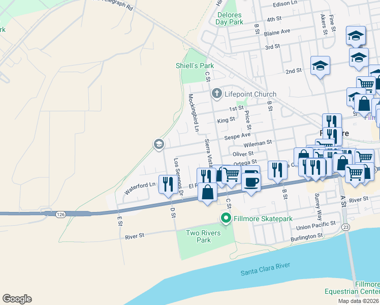 map of restaurants, bars, coffee shops, grocery stores, and more near 1201 Los Serenos Drive in Fillmore
