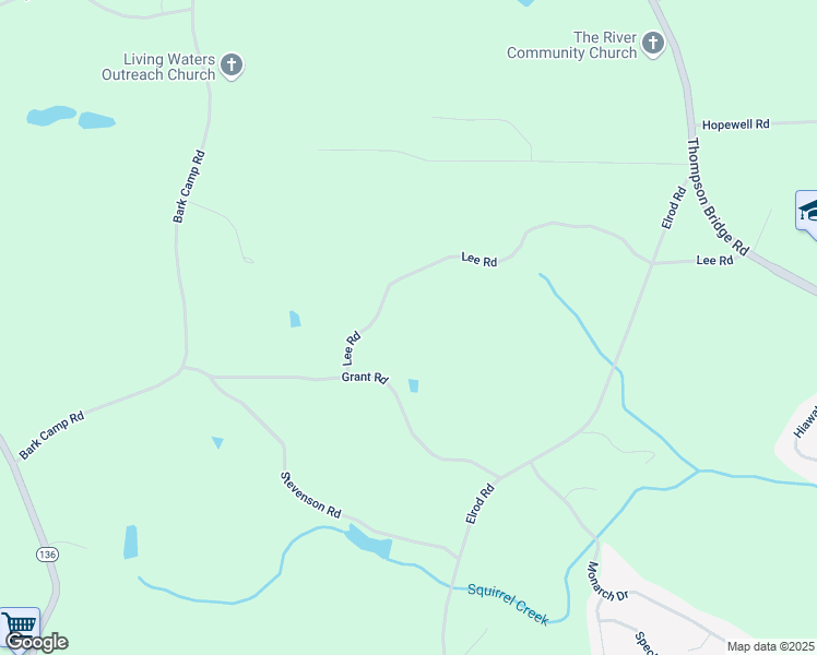 map of restaurants, bars, coffee shops, grocery stores, and more near 5097 Lee Road in Gainesville