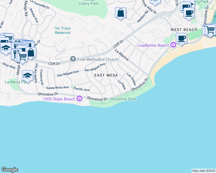 map of restaurants, bars, coffee shops, grocery stores, and more near 215 Santa Rosa Place in Santa Barbara