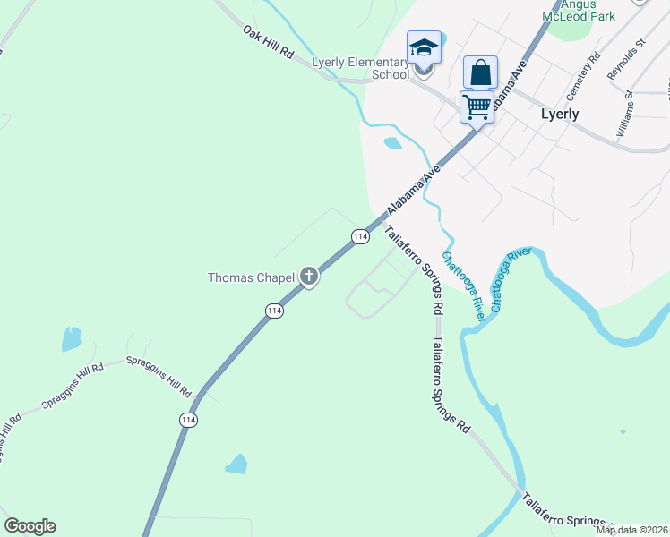 map of restaurants, bars, coffee shops, grocery stores, and more near 6791 Georgia 114 in Lyerly