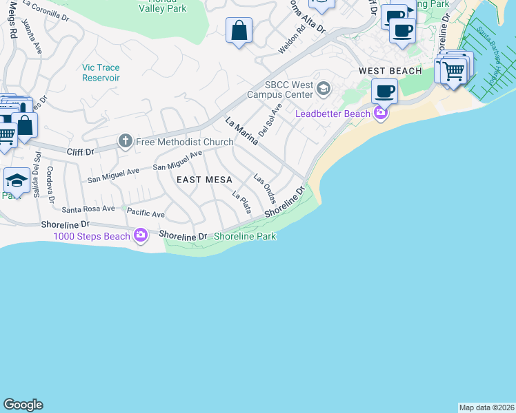map of restaurants, bars, coffee shops, grocery stores, and more near 109 San Clemente Avenue in Santa Barbara