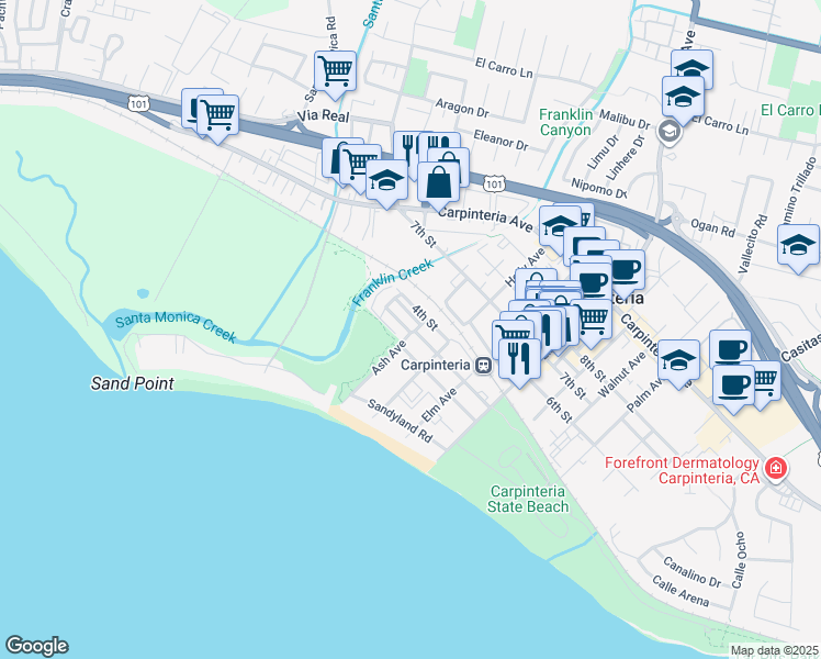 map of restaurants, bars, coffee shops, grocery stores, and more near 349 Ash Avenue in Carpinteria