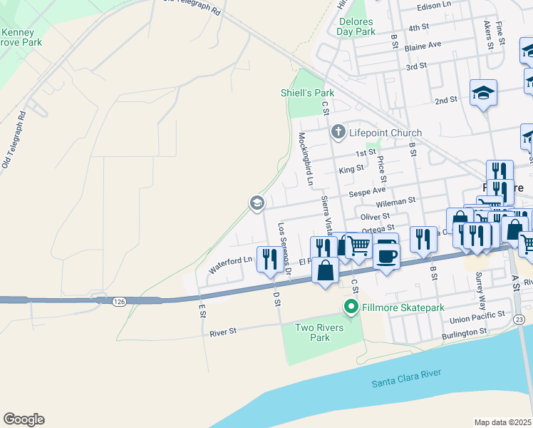 map of restaurants, bars, coffee shops, grocery stores, and more near 1262 Sespe Avenue in Fillmore
