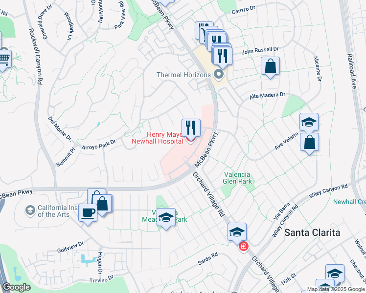 map of restaurants, bars, coffee shops, grocery stores, and more near 23845 McBean Parkway in Santa Clarita