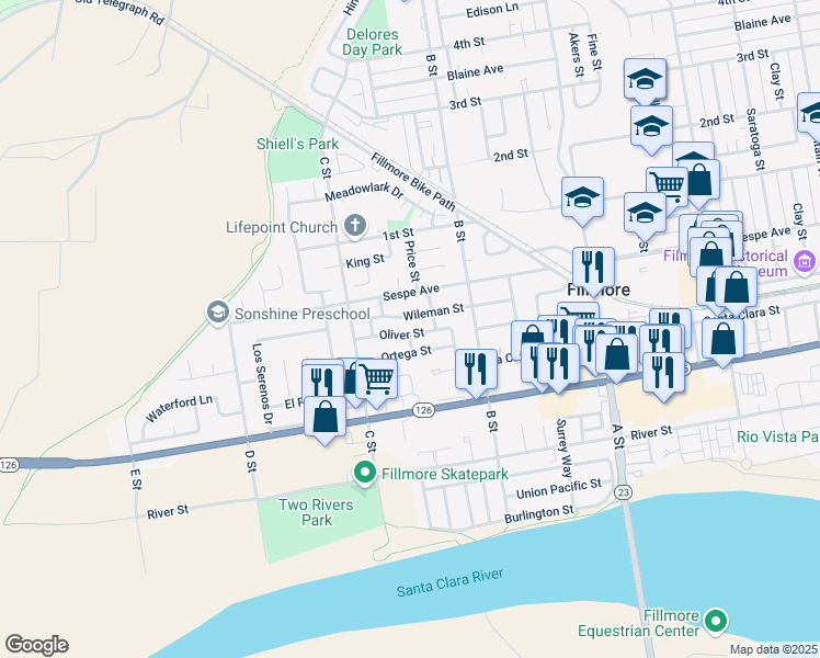 map of restaurants, bars, coffee shops, grocery stores, and more near 1020 Wileman Street in Fillmore