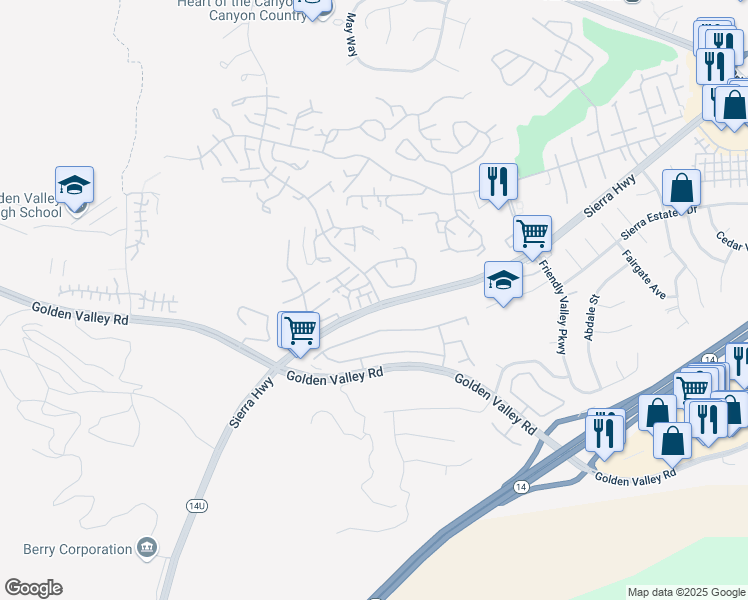 map of restaurants, bars, coffee shops, grocery stores, and more near 19762 Azure Field Drive in Santa Clarita