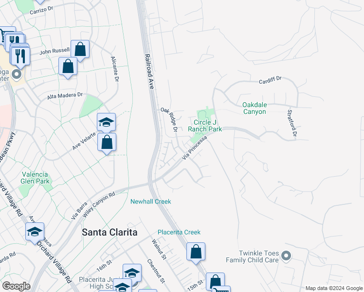 map of restaurants, bars, coffee shops, grocery stores, and more near 25411 Holly Beach Drive in Santa Clarita