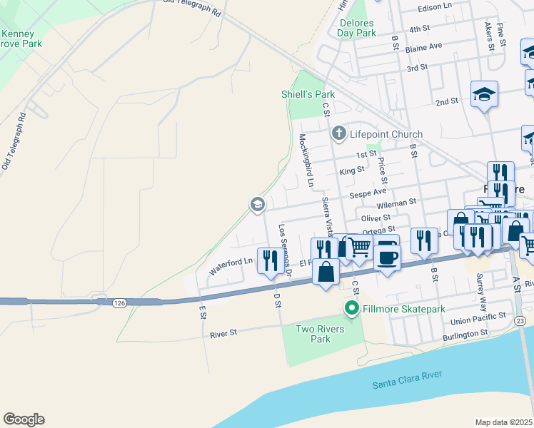 map of restaurants, bars, coffee shops, grocery stores, and more near 1262 Sespe Avenue in Fillmore