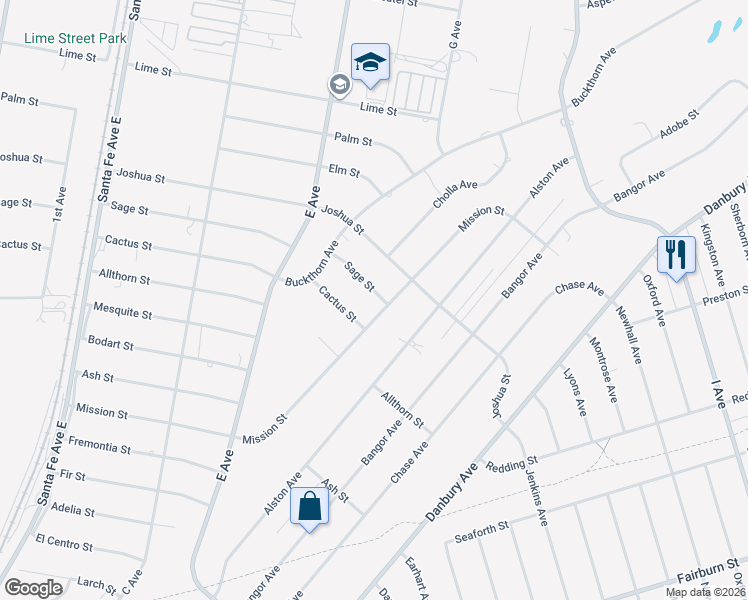 map of restaurants, bars, coffee shops, grocery stores, and more near Sage Street in Hesperia
