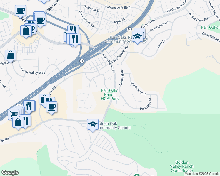 map of restaurants, bars, coffee shops, grocery stores, and more near 26518 Swan Lane in Los Angeles County