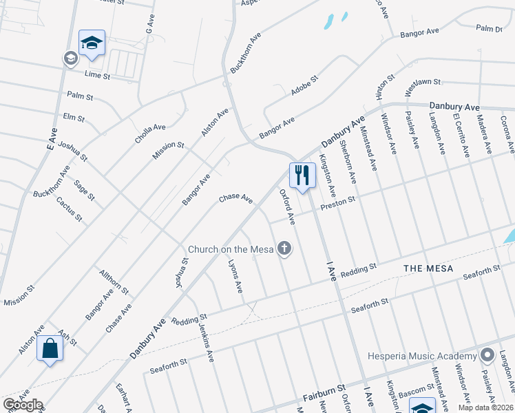 map of restaurants, bars, coffee shops, grocery stores, and more near Danbury Avenue in Hesperia