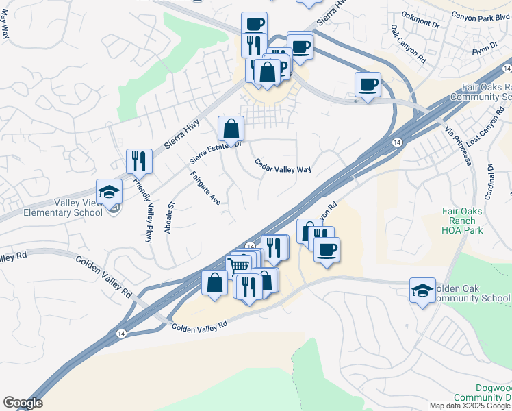 map of restaurants, bars, coffee shops, grocery stores, and more near 26201 Valley Point Lane in Santa Clarita