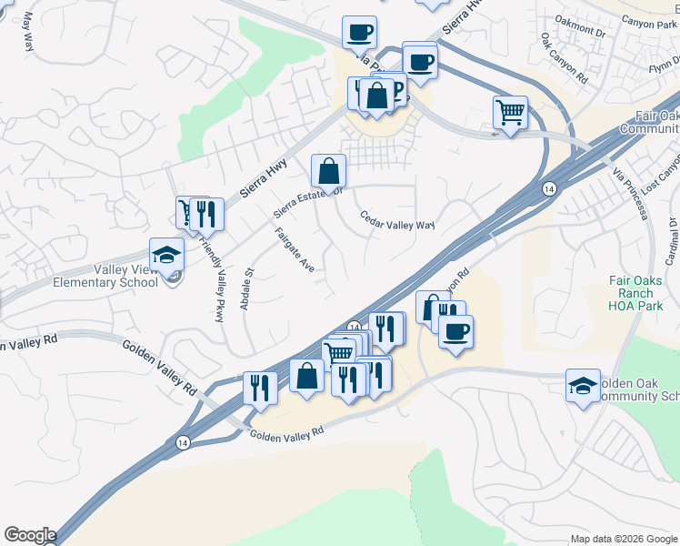 map of restaurants, bars, coffee shops, grocery stores, and more near 26225 Whispering Leaves Drive in Santa Clarita