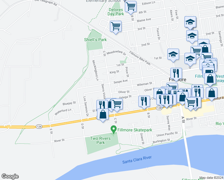 map of restaurants, bars, coffee shops, grocery stores, and more near 338 C Street in Fillmore