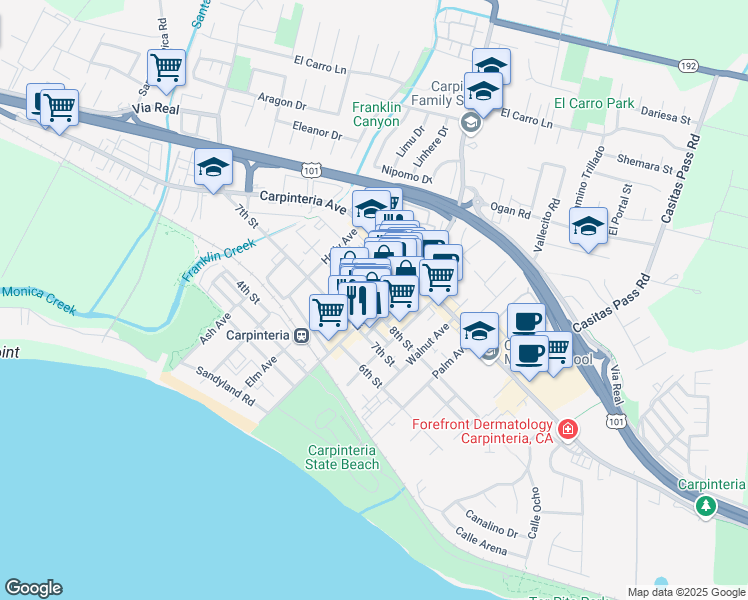 map of restaurants, bars, coffee shops, grocery stores, and more near 801 Linden Avenue in Carpinteria