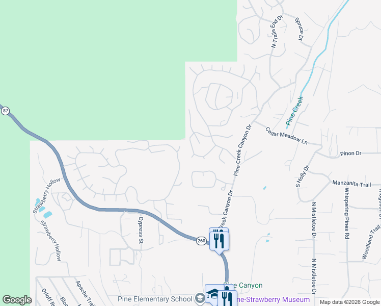 map of restaurants, bars, coffee shops, grocery stores, and more near 6174 Pinon Loop in Pine