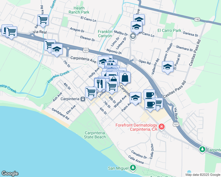 map of restaurants, bars, coffee shops, grocery stores, and more near 910 Linden Avenue in Carpinteria