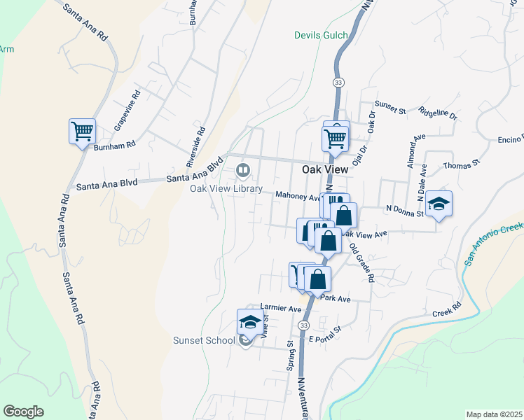 map of restaurants, bars, coffee shops, grocery stores, and more near 246 Valley Road in Oak View