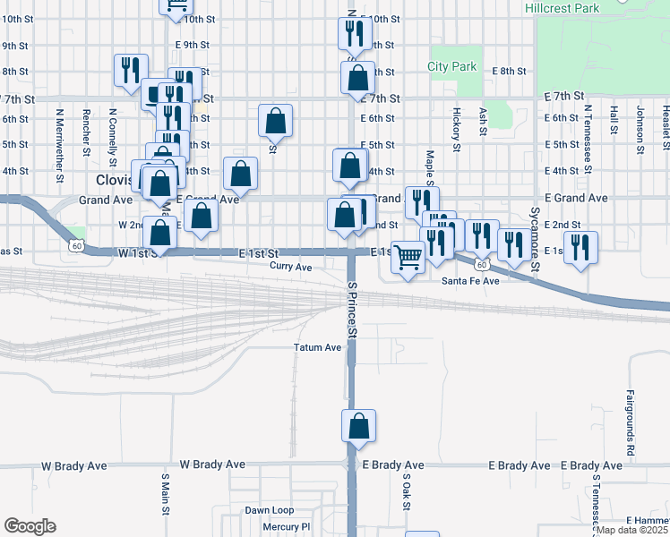 map of restaurants, bars, coffee shops, grocery stores, and more near 652-798 Curry Ave in Clovis