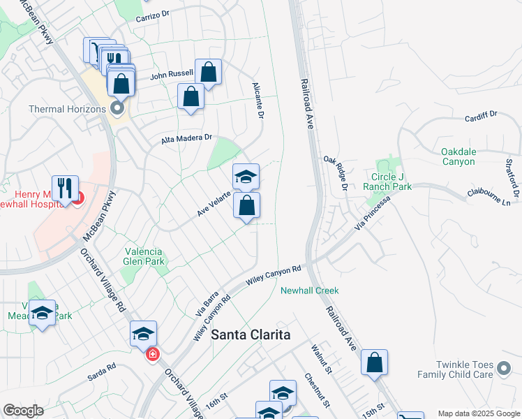 map of restaurants, bars, coffee shops, grocery stores, and more near 25412 Vía Dona Christa in Santa Clarita