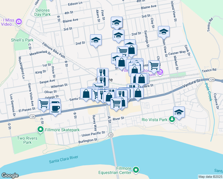 map of restaurants, bars, coffee shops, grocery stores, and more near 639 Santa Clara Street in Fillmore