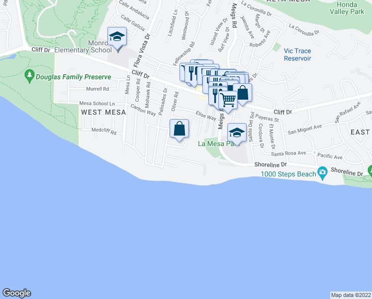 map of restaurants, bars, coffee shops, grocery stores, and more near 272 Santa Monica Way in Santa Barbara