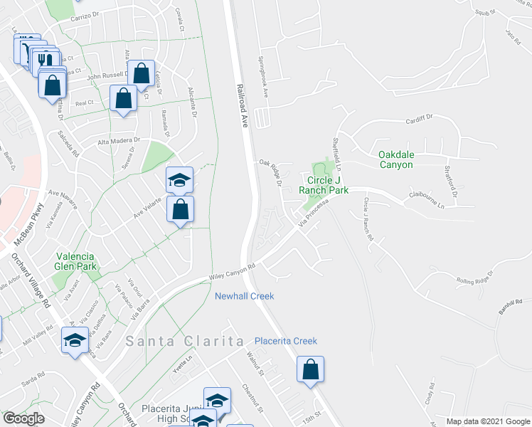 map of restaurants, bars, coffee shops, grocery stores, and more near 22757 Lennon Court in Santa Clarita