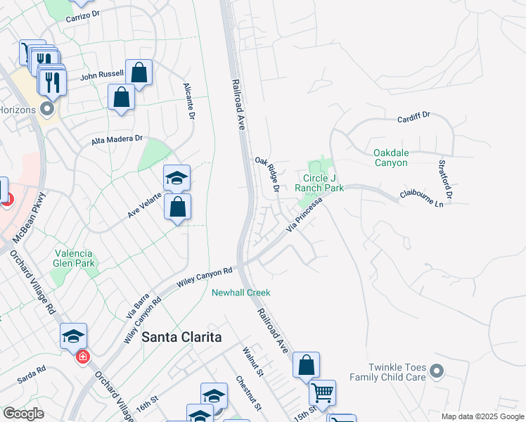 map of restaurants, bars, coffee shops, grocery stores, and more near 22757 Lennon Court in Santa Clarita