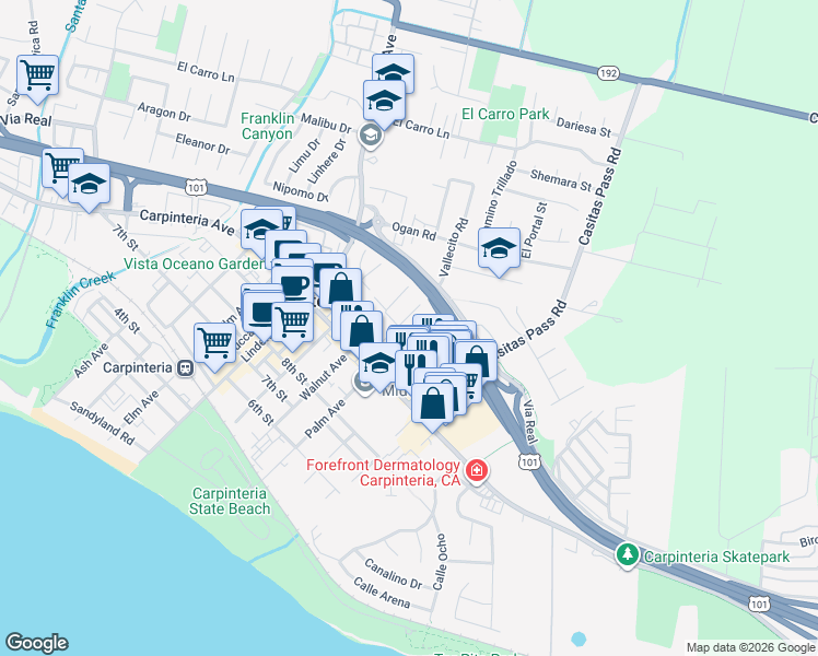 map of restaurants, bars, coffee shops, grocery stores, and more near 1132 Vallecito Road in Carpinteria