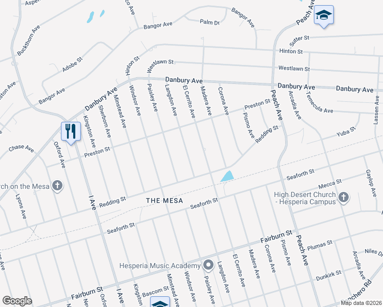 map of restaurants, bars, coffee shops, grocery stores, and more near 8077 Langdon Avenue in Hesperia