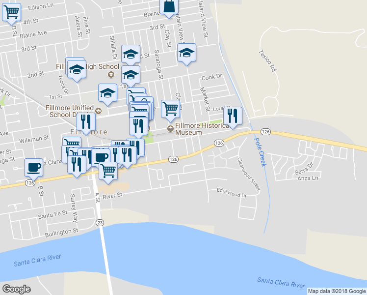 map of restaurants, bars, coffee shops, grocery stores, and more near 225 Clay Street in Fillmore