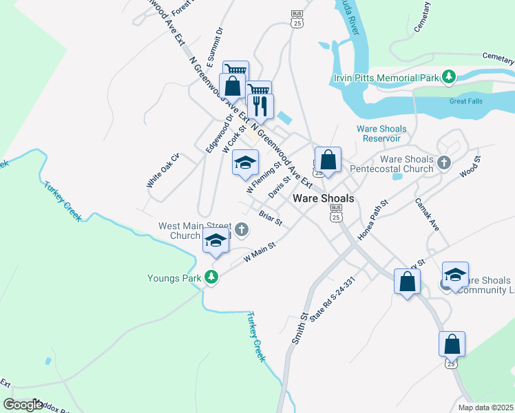 map of restaurants, bars, coffee shops, grocery stores, and more near 18 Briar Street in Ware Shoals