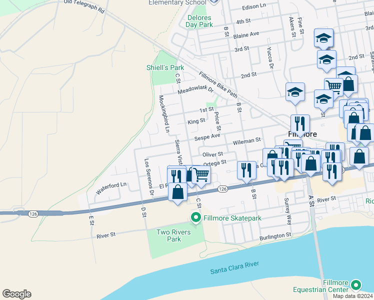 map of restaurants, bars, coffee shops, grocery stores, and more near 343 C Street in Fillmore