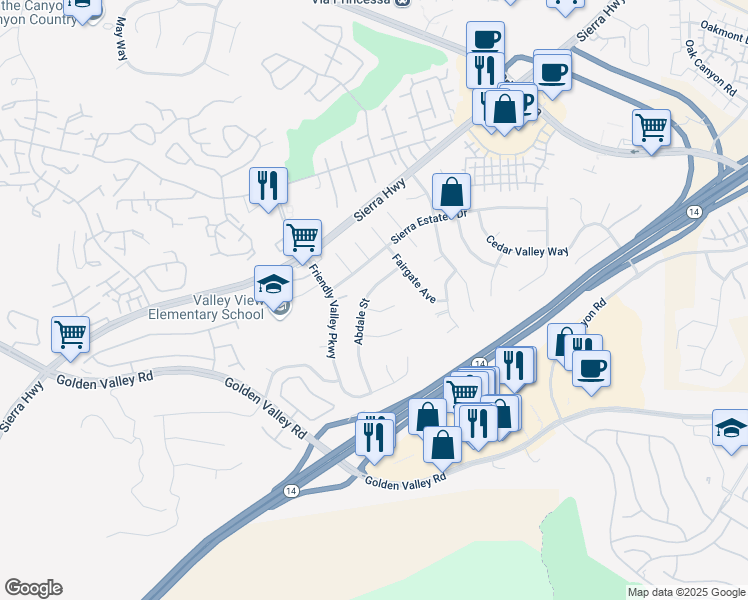 map of restaurants, bars, coffee shops, grocery stores, and more near 19267 Abdale Street in Santa Clarita