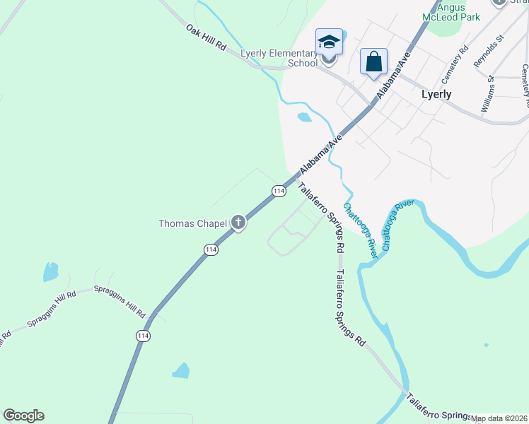 map of restaurants, bars, coffee shops, grocery stores, and more near 6731 Georgia 114 in Lyerly