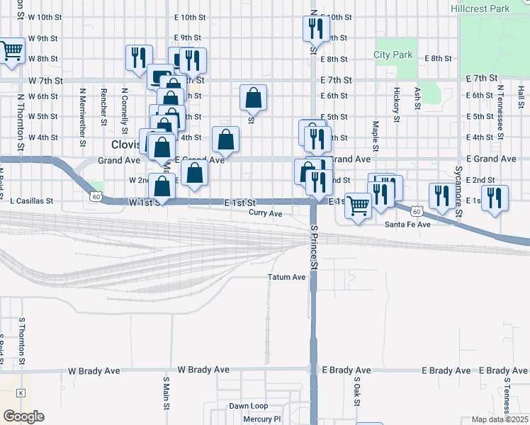 map of restaurants, bars, coffee shops, grocery stores, and more near 517 Curry Avenue in Clovis