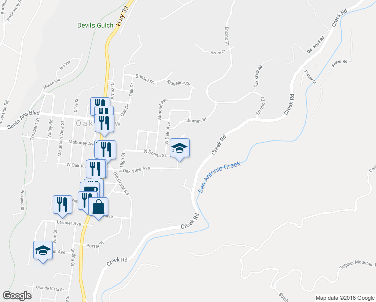 map of restaurants, bars, coffee shops, grocery stores, and more near 10450 North Karen Avenue in Oak View