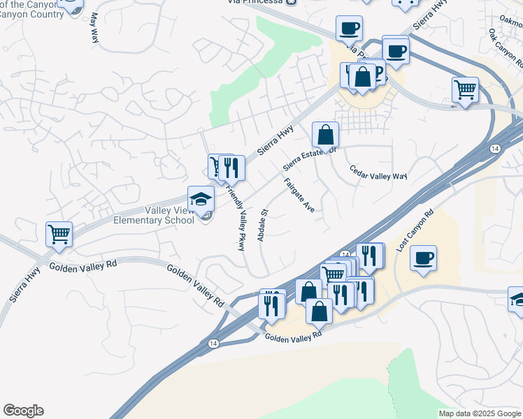 map of restaurants, bars, coffee shops, grocery stores, and more near 19267 Abdale Street in Santa Clarita