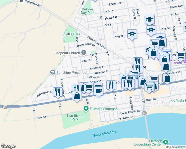map of restaurants, bars, coffee shops, grocery stores, and more near 1020 Wileman Street in Fillmore