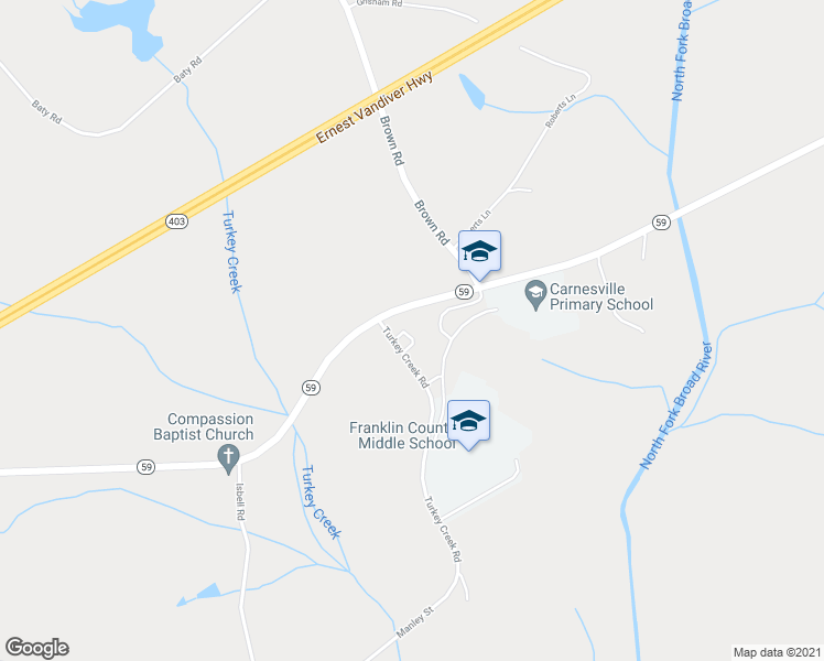 map of restaurants, bars, coffee shops, grocery stores, and more near 61 Turkey Creek Road in Carnesville