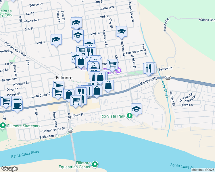 map of restaurants, bars, coffee shops, grocery stores, and more near 424 Santa Clara Street in Fillmore