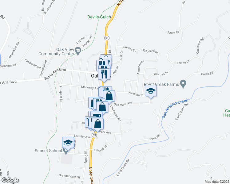 map of restaurants, bars, coffee shops, grocery stores, and more near 75 High Street in Oak View